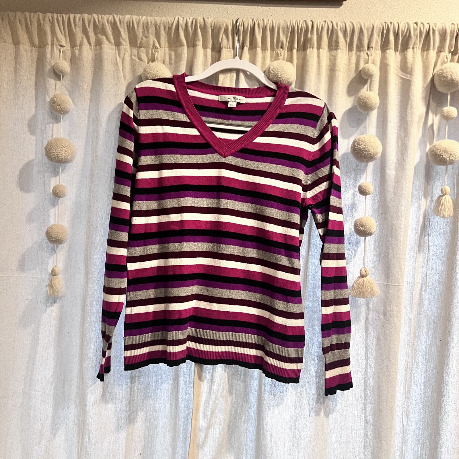 Studio Works Sz L Cotton/Rayo Vivid Magenta Purple White Stripe Pullover Sweater